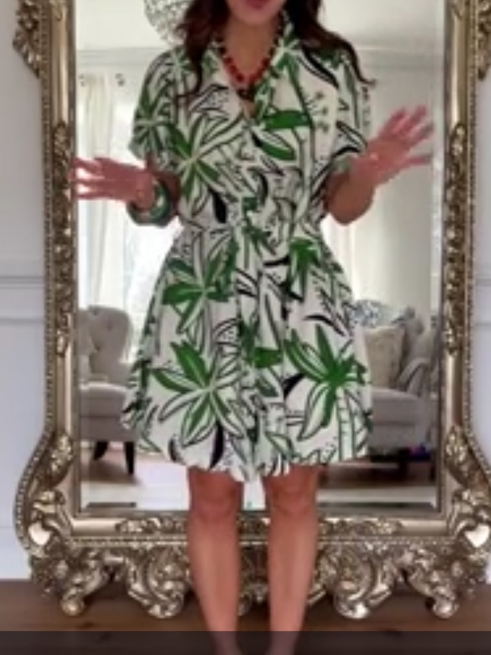 Women’s Green Leaf Print Shirt Dress. Fully lined. Button down.